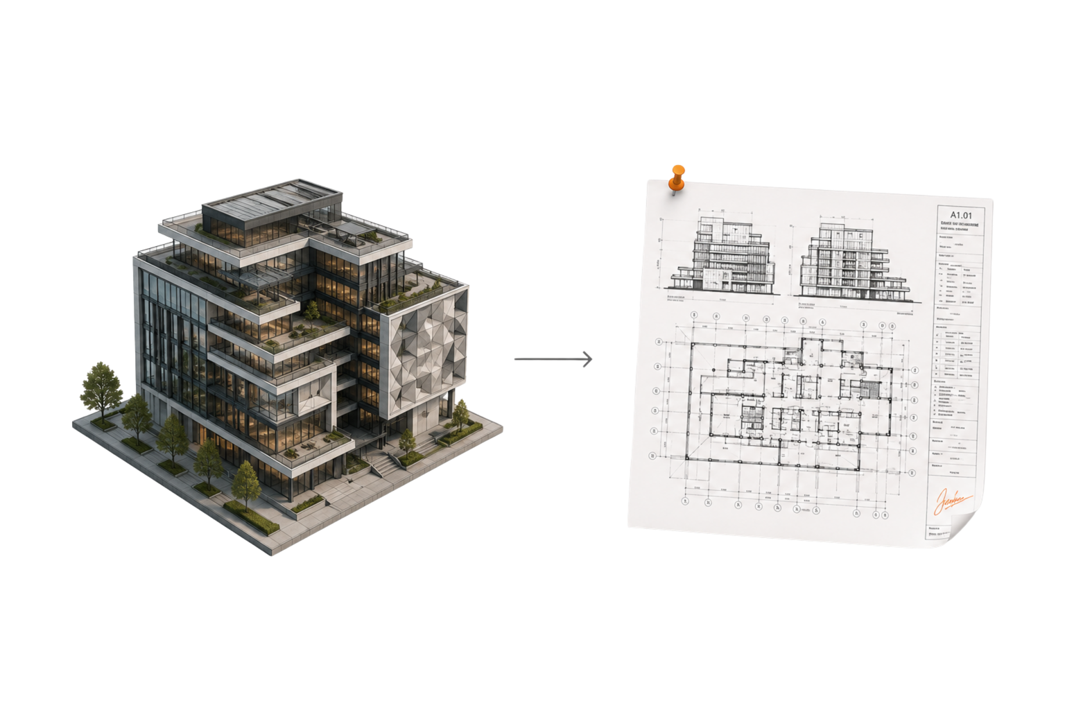 A 3D model flattened to an A0 paper drawing on the wall