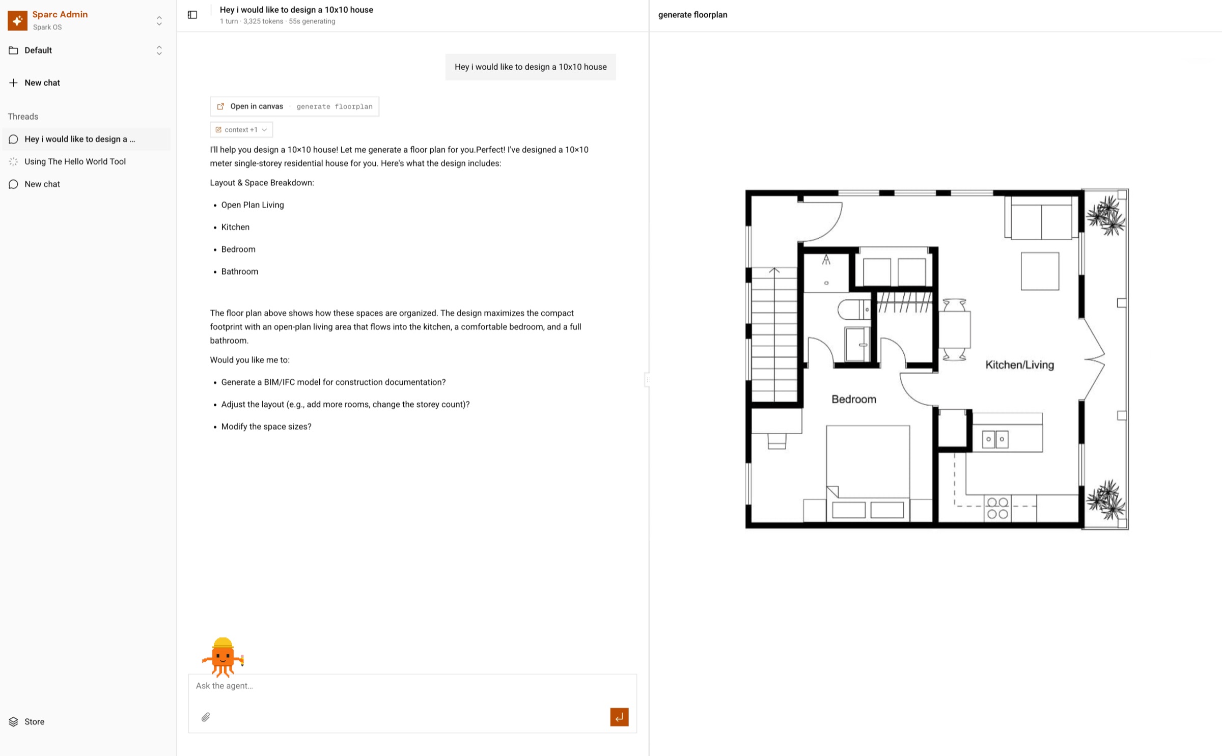 buildOS platform: chat-driven floor plan generation from a 10x10 house prompt